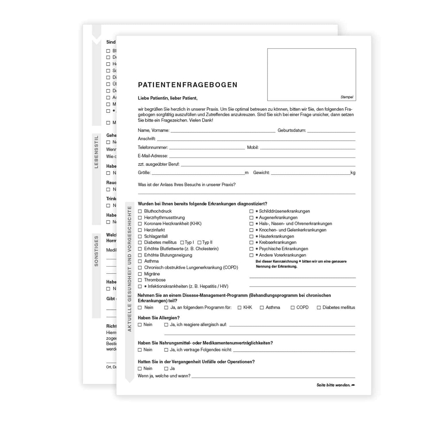 Anamnesebogen Formular für Facharztpraxis - strukturierte Patientenaufnahme in medizinischen Einrichtungen - Med-Praxisbedarf