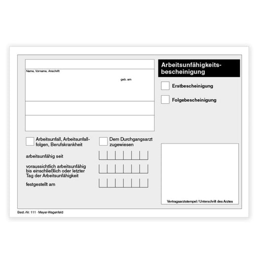 Arbeitsunfähigkeitsbescheinigung Formular - von Meyer-Wagenfeld für Arztpraxen, Vordruck - Med-Praxisbedarf