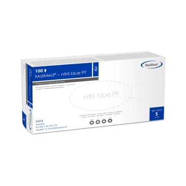 Einmalhandschuhe Nitril blue PF - Nahaufnahme eines blauen Nitrilhandschuhs aus der Box - Med-Praxisbedarf