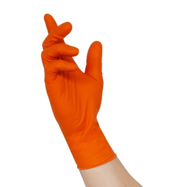 Orange Nitrilhandschuhe TOUGH GRIP N - Detailaufnahme der griffigen Schuppenoberfläche für nasse Hände - Med-Praxisbedarf