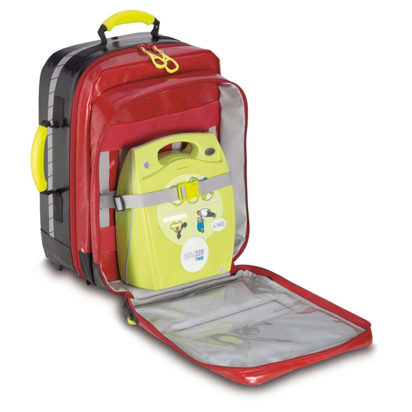 PAX Feldberg AED Notfallrucksack - geöffnet mit Fächern für Erste-Hilfe-Ausrüstung - Med-Praxisbedarf