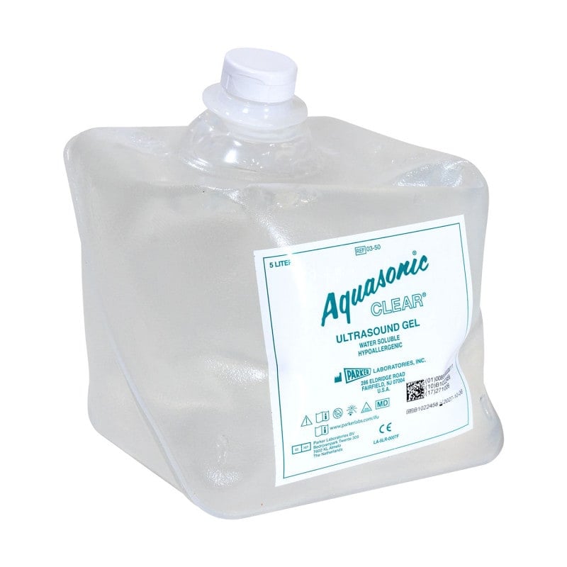 Aquasonic Clear Ultraschallgel Flasche im Close-up - Detailansicht des klaren Ultraschallgels von Parker - Med-Praxisbedarf