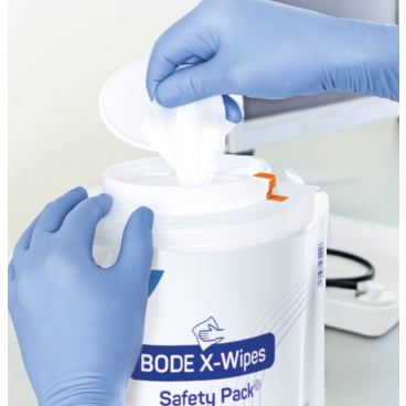 BODE X-Wipes Safety Pack geöffnet - zeigt Einweg-Vliestuchspendersystem im Detail - Med-Praxisbedarf