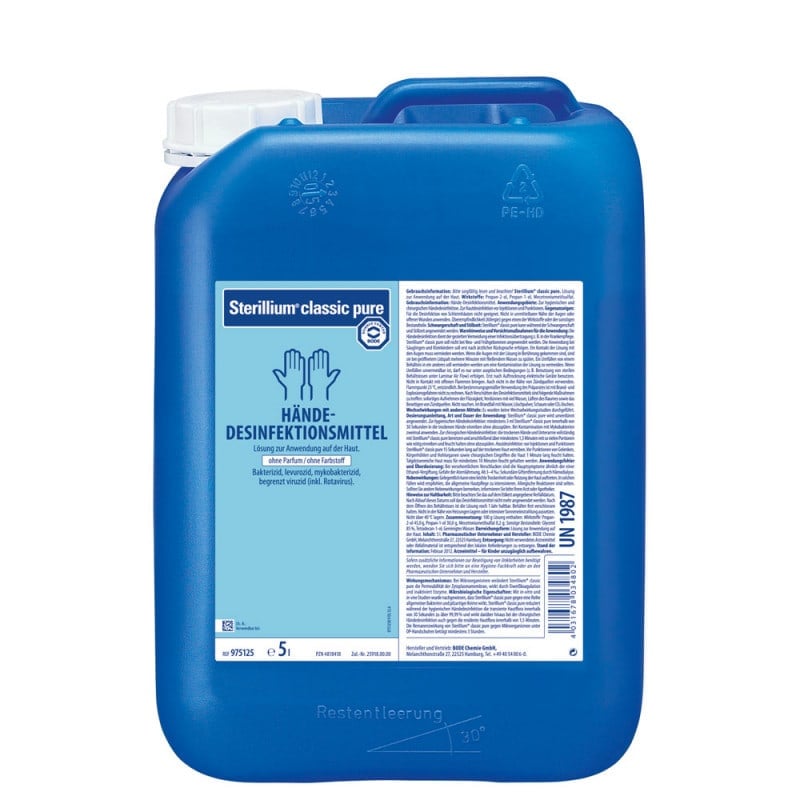Bode Sterillium classic pure 500ml Flasche - transparente Flasche mit blauer Aufschrift und Dosierspender - Med-Praxisbedarf