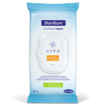 Sterillium surface wipes Flächendesinfektionstücher im Einsatz - Desinfektion einer Arbeitsfläche mit Einmaltuch - Med-Pra...
