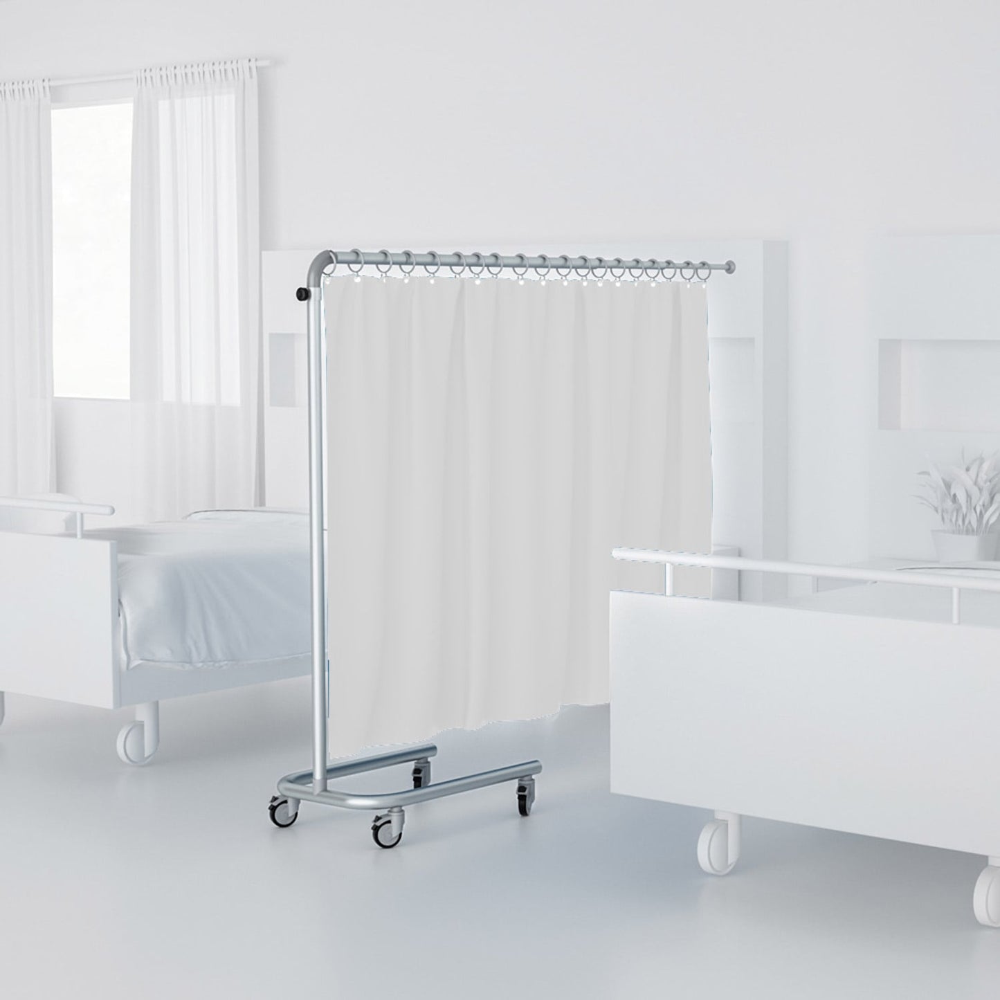 Mobile Trennwand im Einsatz - weißer Stoffschirm als Raumteiler im Behandlungszimmer - Med-Praxisbedarf