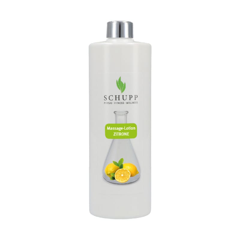 Massage-Lotion Flasche SCHUPP - Seitenansicht, praktische Dosieröffnung, klinischer Einsatz - Med-Praxisbedarf