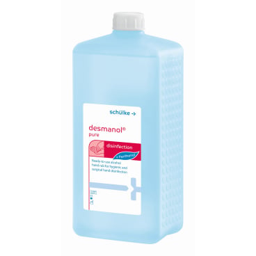Desmanol pure Händedesinfektion von Schülke - Detailaufnahme der Flasche und Gebrauchsanweisung - Med-Praxisbedarf
