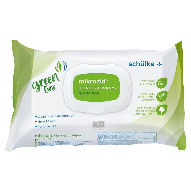 Schülke mikrozid universal wipes green line - plastikfreie, klimaneutrale Desinfektionstücher - Med-Praxisbedarf