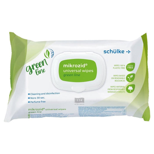 Schülke mikrozid universal wipes green line - plastikfreie, klimaneutrale Desinfektionstücher - Med-Praxisbedarf