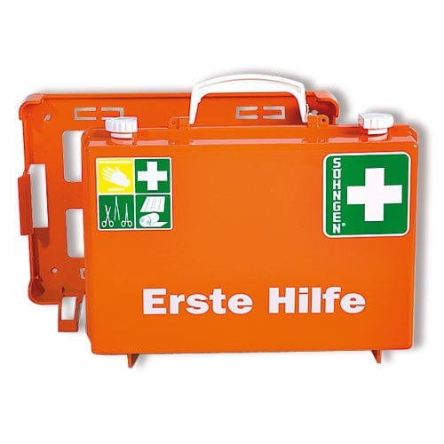 Erste-Hilfe-Koffer mit Inhalt - geöffnete Ansicht, platzsparendes Design für Kliniken - Med-Praxisbedarf