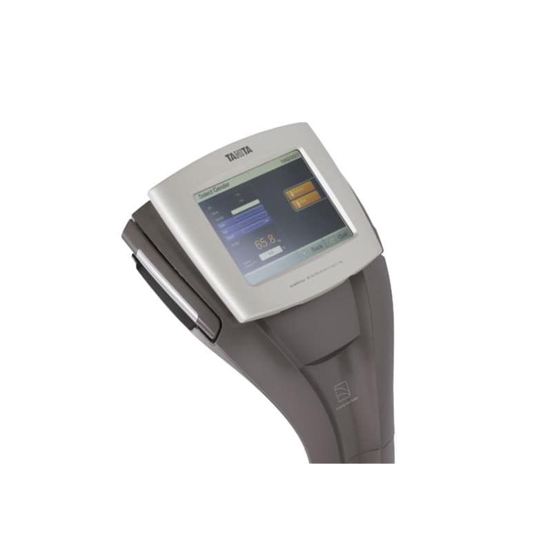 Tanita MC-980 MA Plus Körperanalysemonitor - Seitenansicht des Geräts mit Griff und Transportrollen - Med-Praxisbedarf
