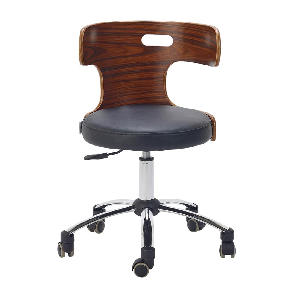 Design-Drehstuhl Teqler in Schwarz - mit geschwungener Holz-Rückenlehne und Echtlederbezug - Med-Praxisbedarf