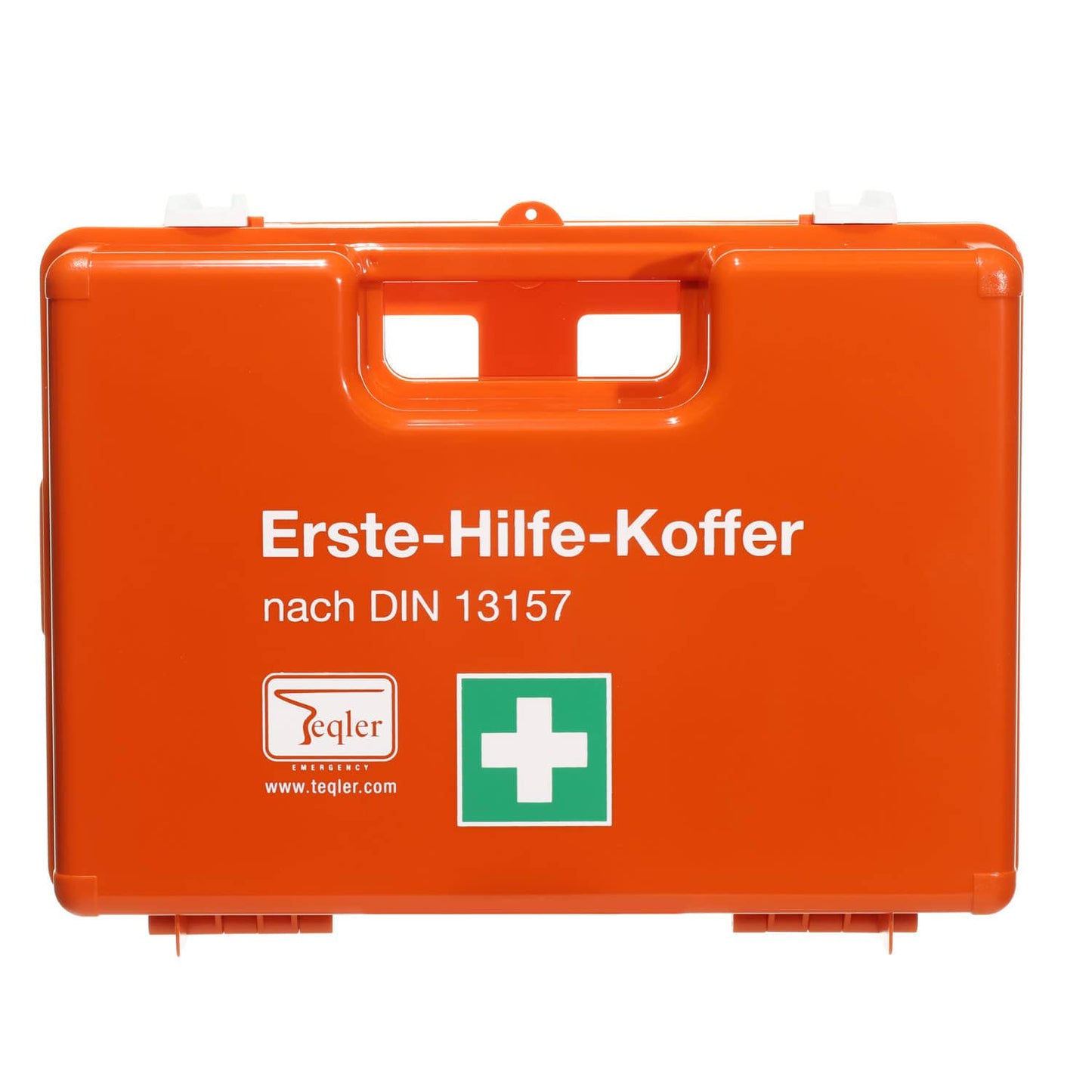 Erste-Hilfe-Koffer nach DIN 13157 von Teqler - geschlossener Koffer in Rot mit Griff und Symbol - Med-Praxisbedarf