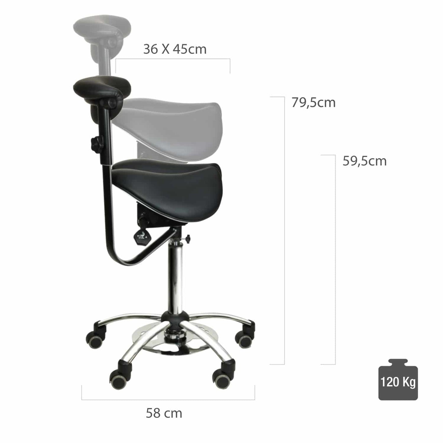 Multifunktions-Sattelstuhl in Seitenansicht - ergonomische Sattelsitzform, stabile Rollen - Med-Praxisbedarf