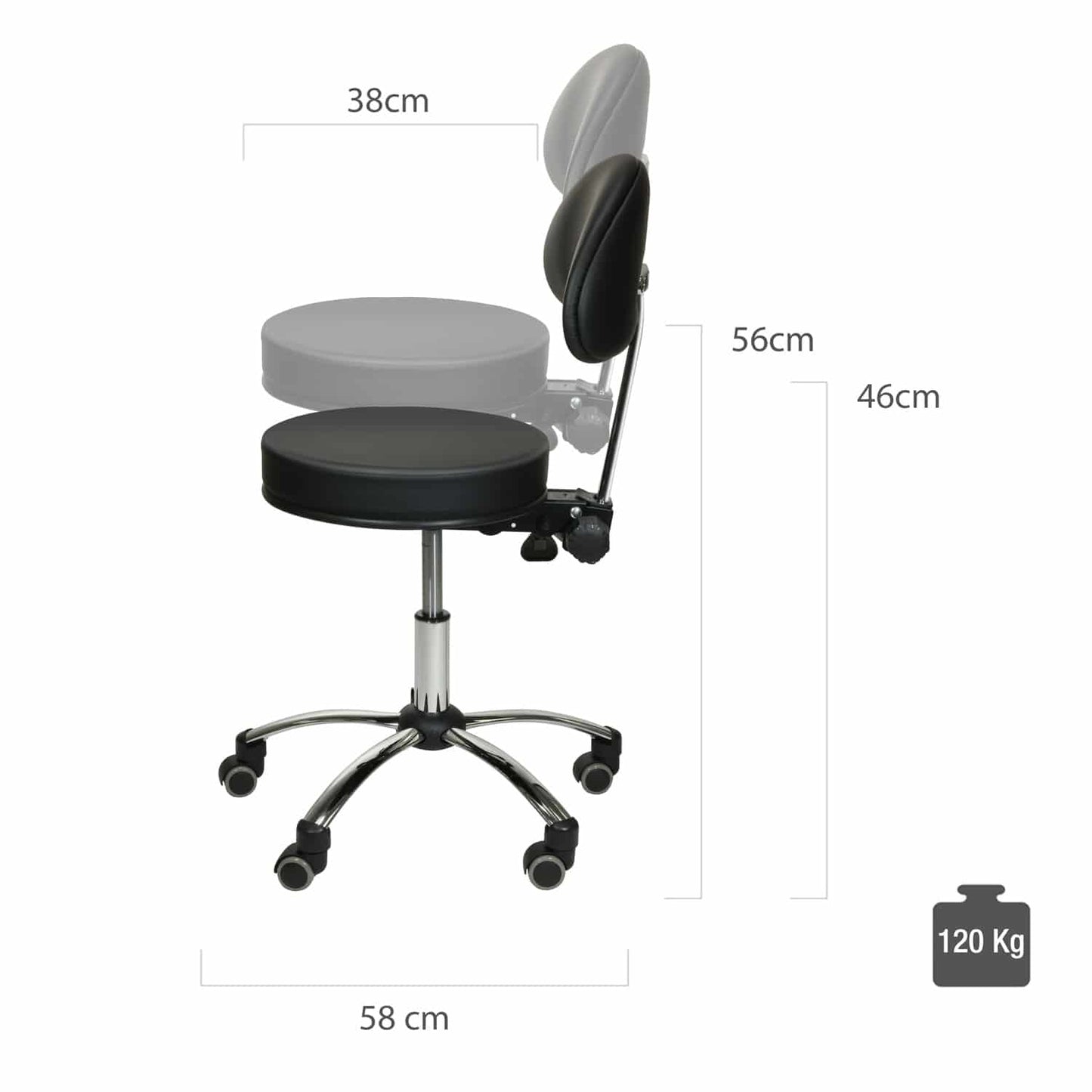 Rollhocker von der Seite - kompakte Abmessungen, ergonomische Sitzhaltung - Med-Praxisbedarf