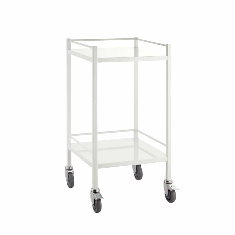 Edelstahl Praxiswagen von Teqler - Detailansicht der stabilen Reling und Ablagefläche - Med-Praxisbedarf