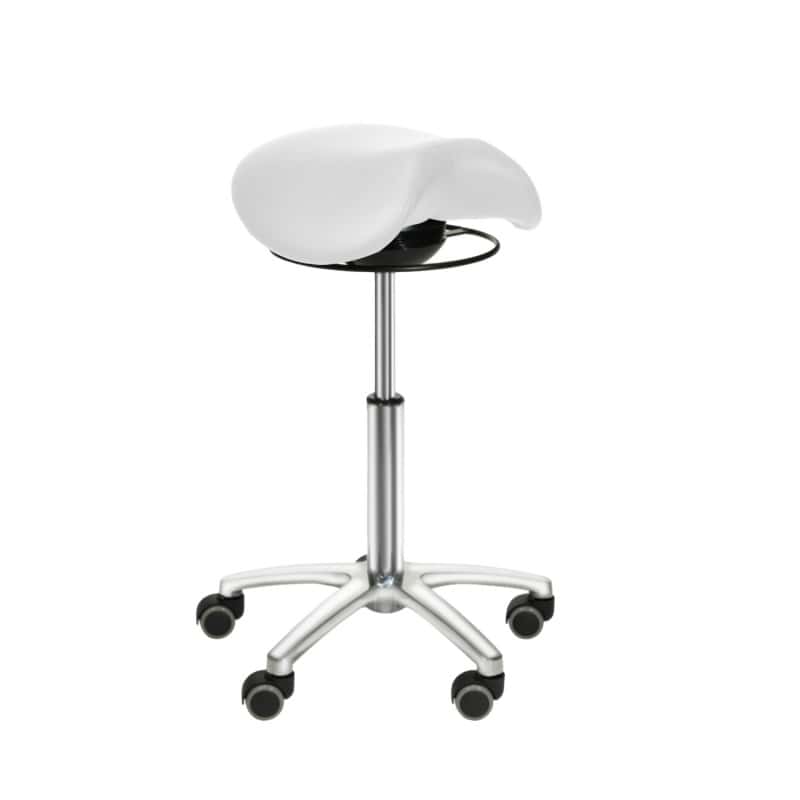 Sattelsitz-Hocker Schwing-Mechanismus von der Seite - grauer Hocker mit Rollen und Gasfeder - Med-Praxisbedarf