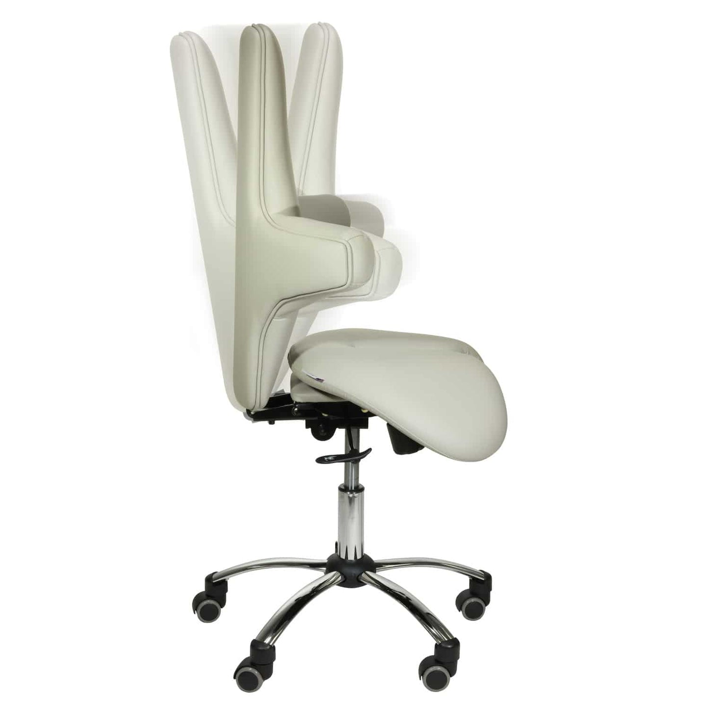 Sattelsitz mit hoher Rückenlehne in Seitenansicht - stufenlos verstellbare Ergonomie-Lösung - Med-Praxisbedarf