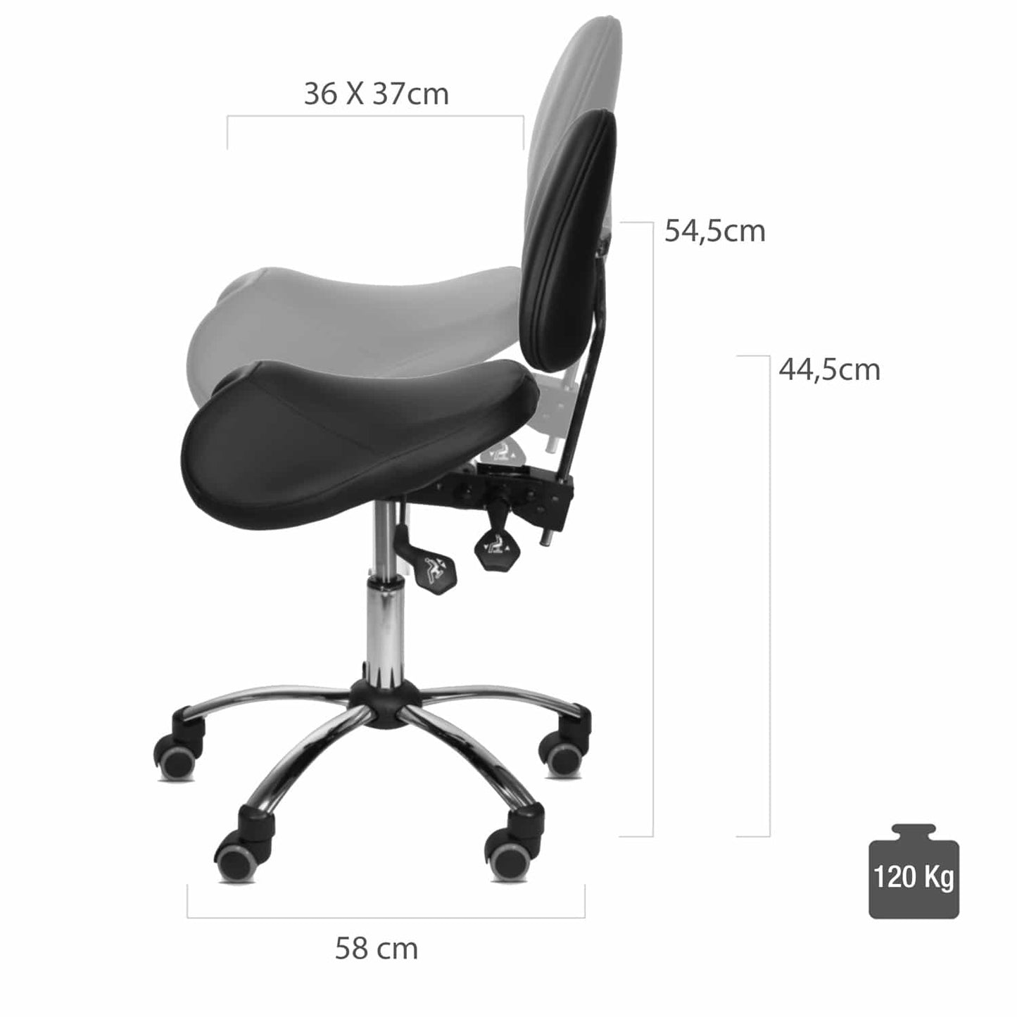 Sattelsitzstuhl mit Rückenlehne im Einsatz - Arzt sitzt auf dem ergonomischen Rollhocker - Med-Praxisbedarf