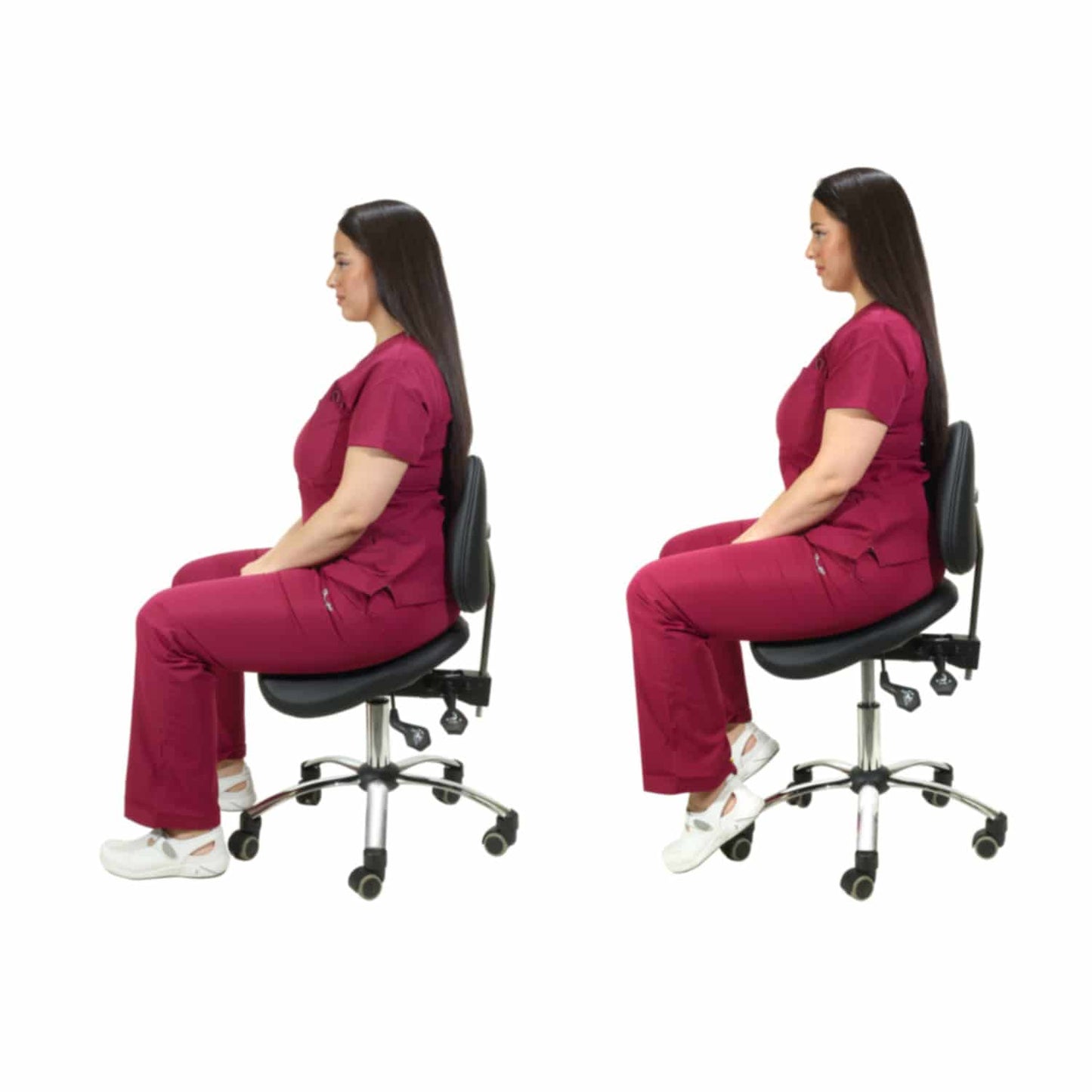 Sattelsitzstuhl mit Rückenlehne, schwarze Ausführung - ergonomischer Stuhl für Pflegeeinrichtungen - Med-Praxisbedarf