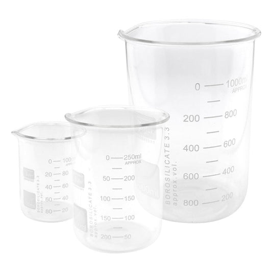 Teqler Becherglas niedrige Form mit sicherem Stand - Borosilikatglas 3.3, hitzebeständig - Med-Praxisbedarf