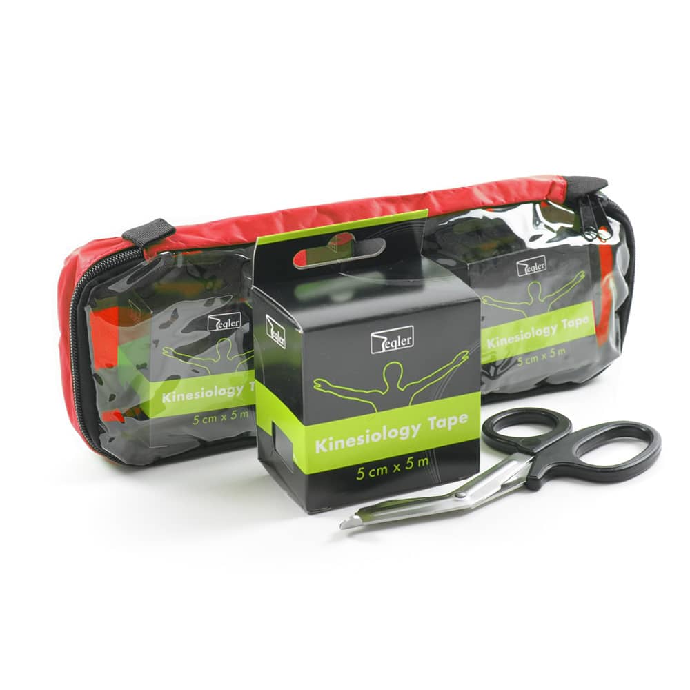 Teqler Kinesiologietape-Set mit drei Rollen - schwarz, beige und blau im praktischen Aufbewahrungsetui - Med-Praxisbedarf