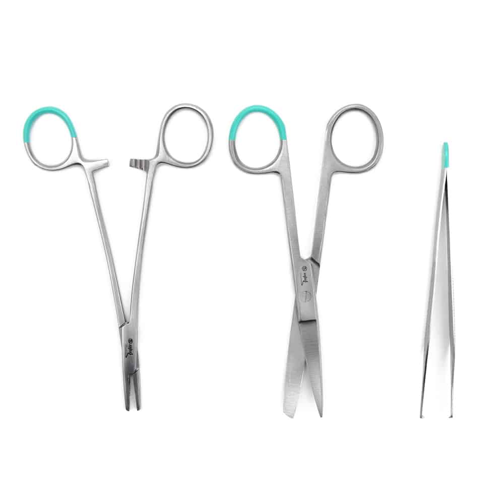 Einmal-Nahtset D Teqler - Set mit gebogener Schere und Vlieskompressen in 14cm Länge - Med-Praxisbedarf
