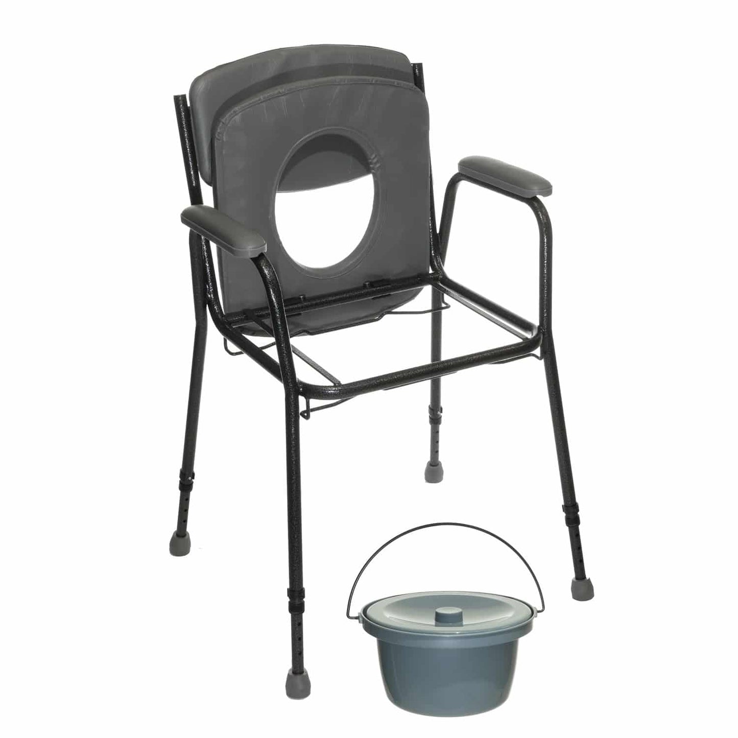 Toilettenstuhl von der Seite - ergonomisches Design und stabile Rollen für sichere Nutzung - Med-Praxisbedarf