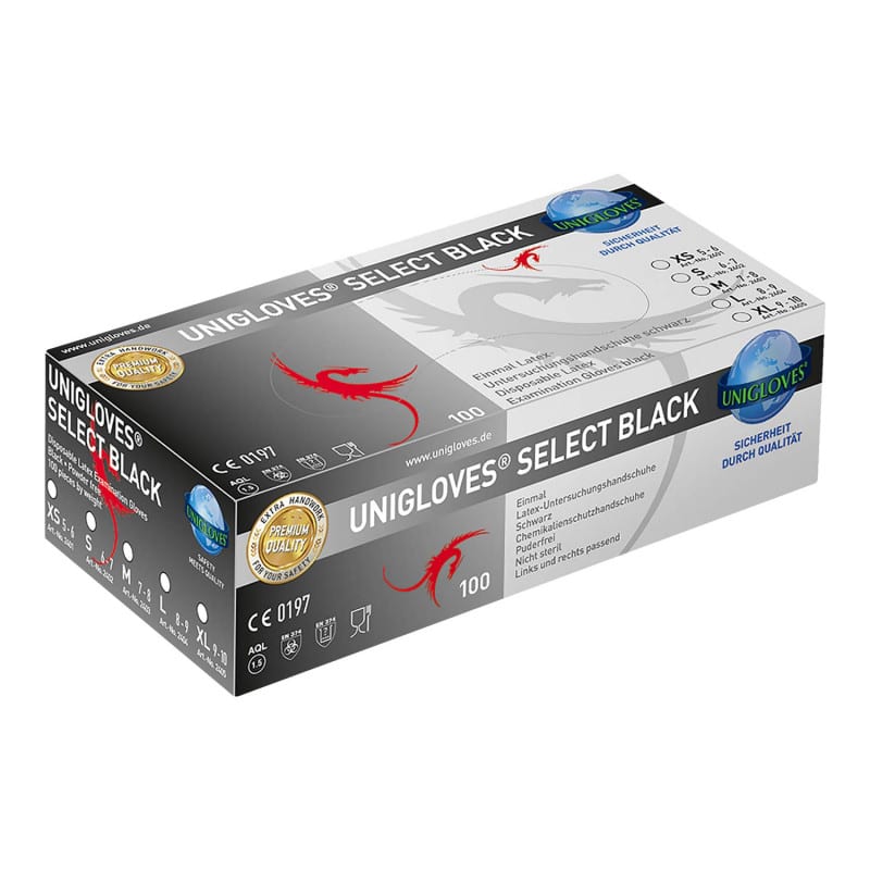 Einweghandschuhe Unigloves Select black aus Latex - mikrogeraut, 30 µg/g Allergene - Med-Praxisbedarf