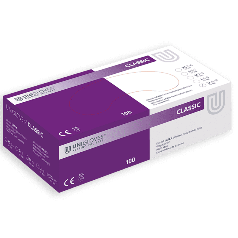 Unigloves Classic Box mit 100 Einmalhandschuhen - Latex Handschuhe für Praxis und Pflege - Med-Praxisbedarf