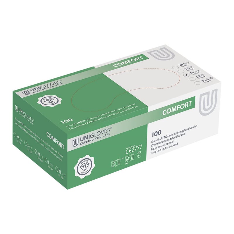 Unigloves Comfort Latexhandschuhe in Größe L - Einmalhandschuh für pflegerische und klinische Bereiche - Med-Praxisbedarf