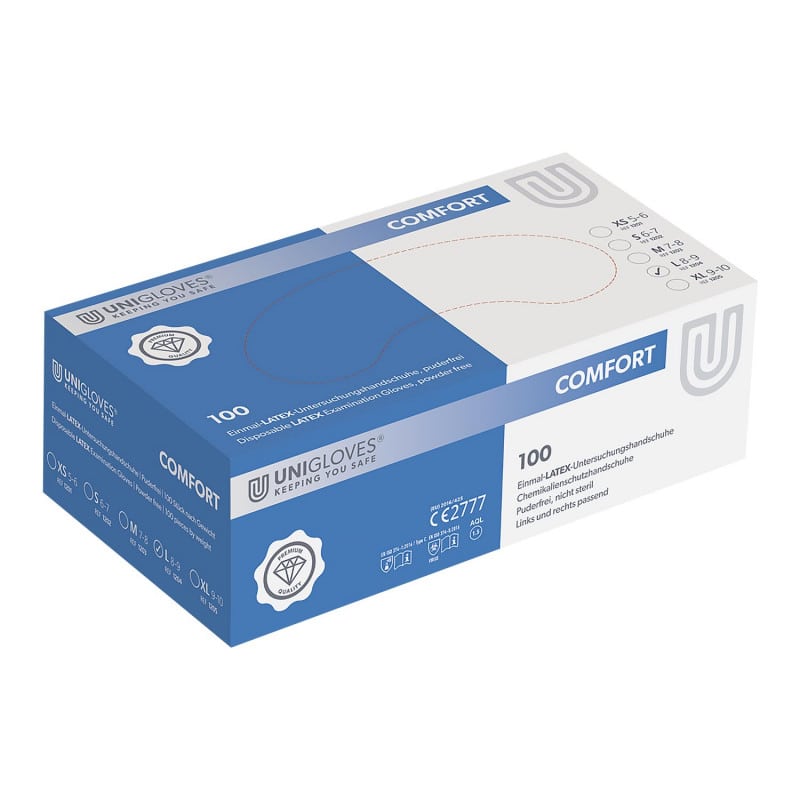 Unigloves Comfort Box mit 100 Latexhandschuhen - Einweg-Handschuhe für medizinische Situationen - Med-Praxisbedarf