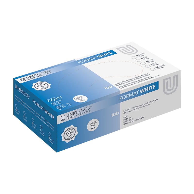 Box mit Nitrilhandschuhen Unigloves Format White - 100 Stück, Größen XS bis XL - Med-Praxisbedarf
