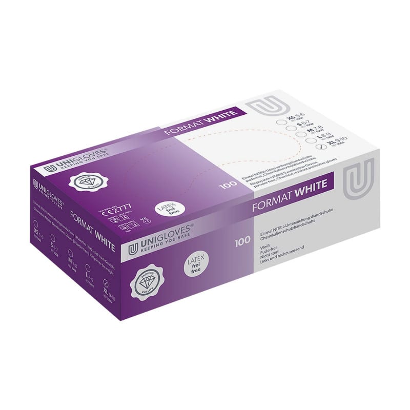 Einzelner Nitrilhandschuh Format White - Unigloves, anatomische Passform, latexfrei - Med-Praxisbedarf