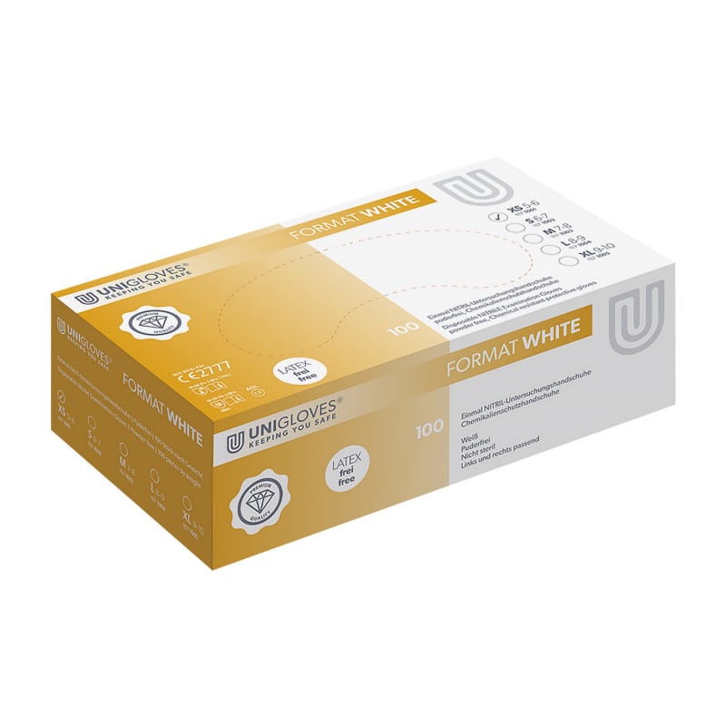 Nitrilhandschuhe Unigloves Format White - puderfreie Untersuchungshandschuhe, PSA-konform - Med-Praxisbedarf