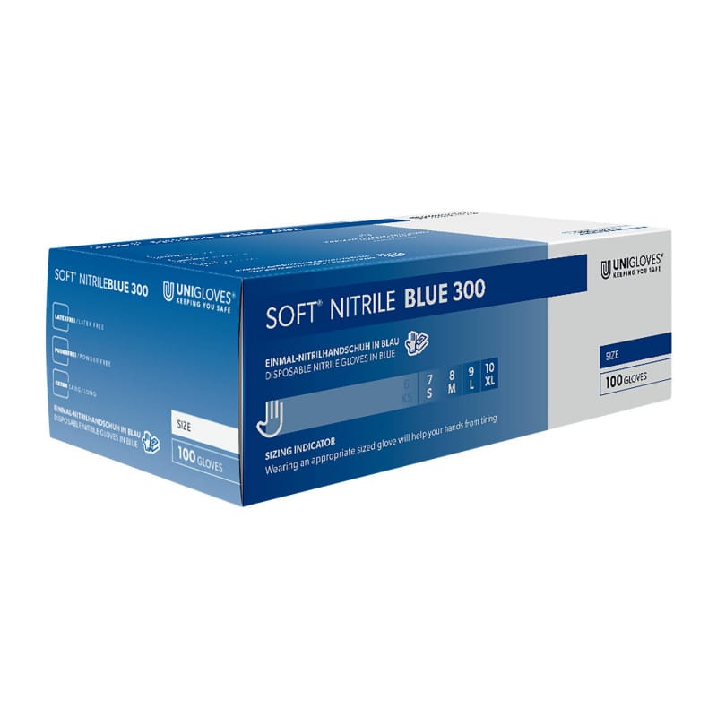 Unigloves Soft Nitril Blue 300 - extra lange, lebensmittelechte Nitrilhandschuhe für Hygiene und Pflege - Med-Praxisbedarf