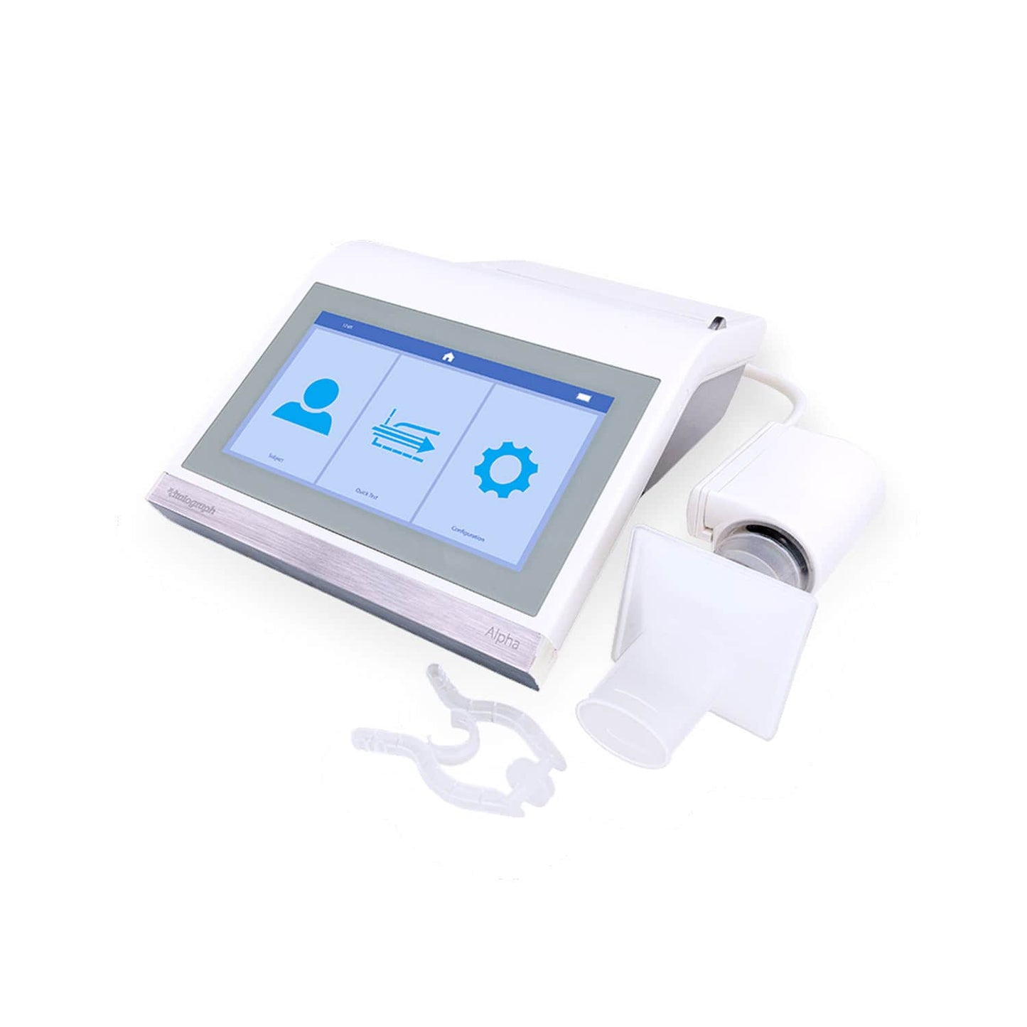 ALPHA Connect Spirometer in der Anwendung - Patient nutzt Mundstück für Lungenfunktionstest - Med-Praxisbedarf