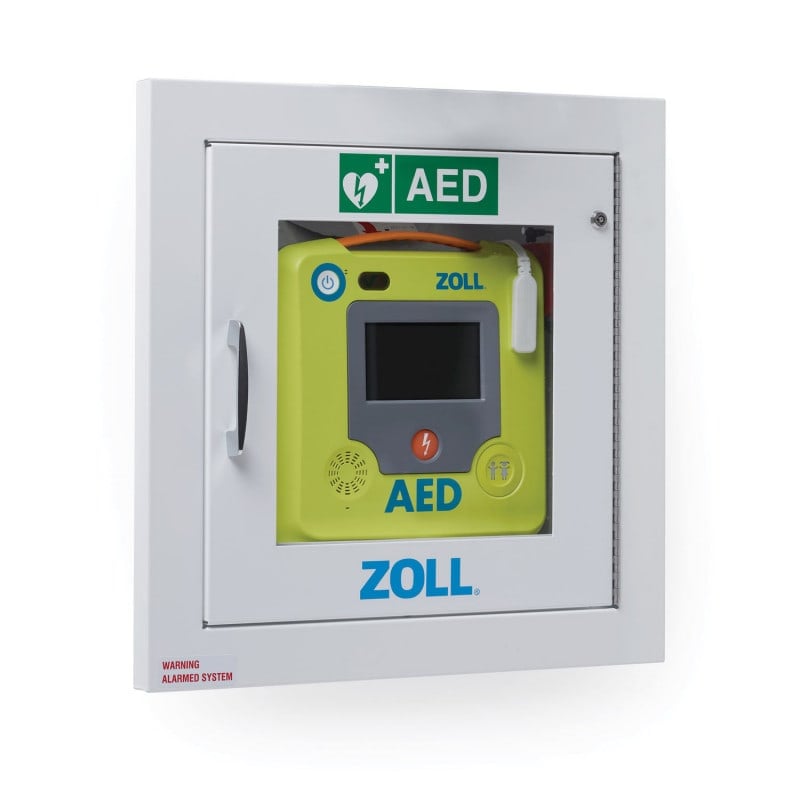 AED 3 Wandschrank geöffnet - zeigt die Innenaufteilung für Defibrillator und Zubehör - Med-Praxisbedarf