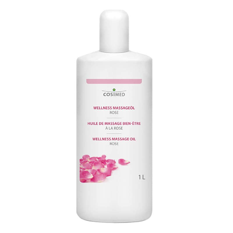 Massageöl Rose Flasche und Tropfen - basierend auf natürlichem Mandel- und Jojobaöl - Med-Praxisbedarf