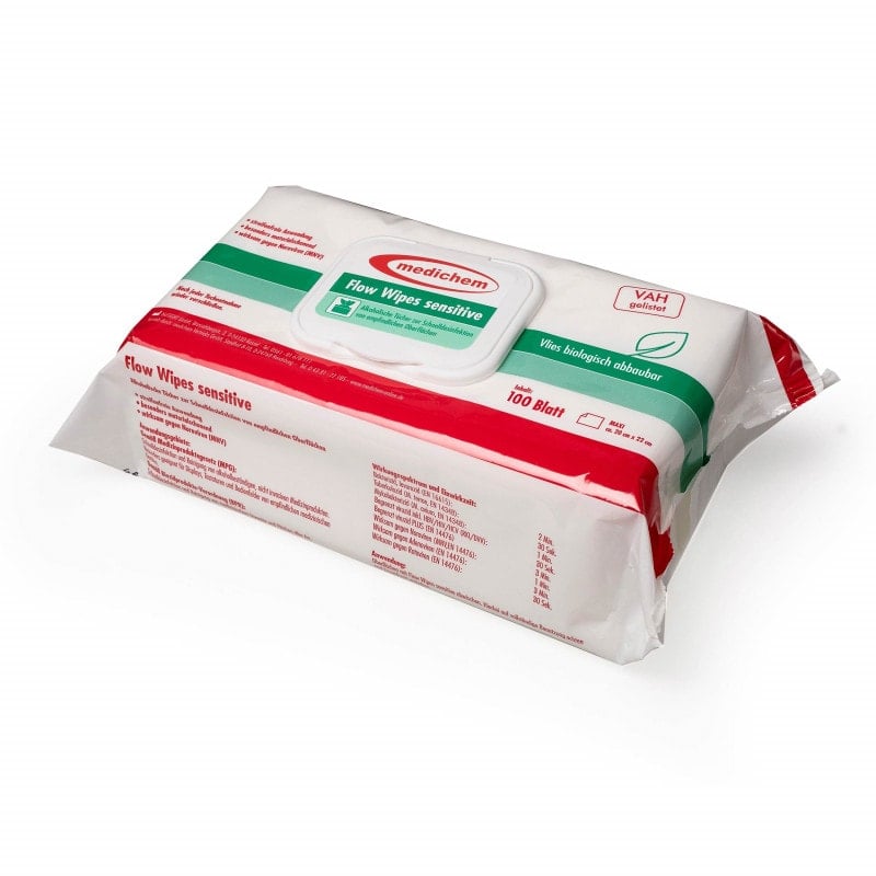 Flow Wipes sensitive Desinfektionstücher - Gebrauchsfertige Tücher für Schnelldesinfektion, hautfreundlich - Med-Praxisbedarf