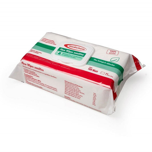 Flow Wipes sensitive Desinfektionstücher - Gebrauchsfertige Tücher für Schnelldesinfektion, hautfreundlich - Med-Praxisbedarf