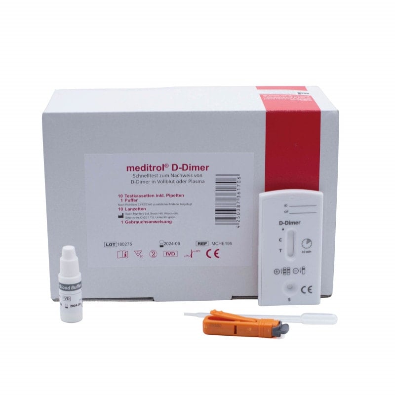 D-Dimer Teststreifen in Nahaufnahme - immunochromatographischer Test für die Diagnostik - Med-Praxisbedarf
