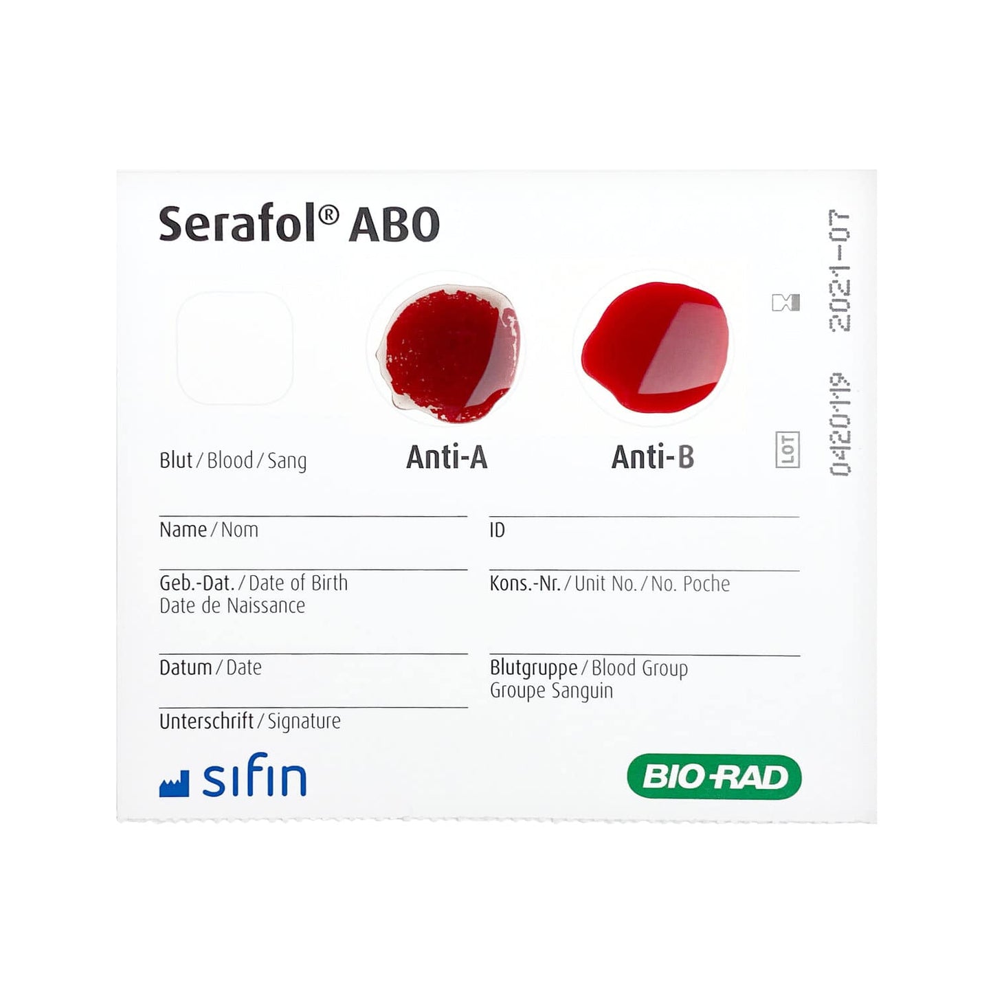 Serafol AB0 Schnelltest Karten - Testung unmittelbar vor Bluttransfusionen, sifin Produkt - Med-Praxisbedarf